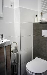 拉德福尔姆瓦尔德Löwen Hotel的白色的浴室设有卫生间和水槽。