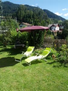 施泰纳赫布伦纳玛丽亚度假屋的院子里设有两把草坪椅和一把伞
