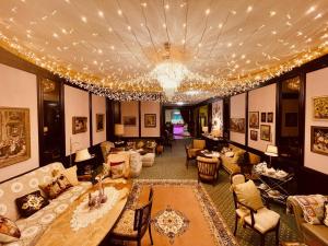 曼海姆Hotel Tante Alma Mannheim的客厅配有家具和吊灯。