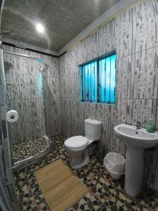 索韦托Authentic Bicycle Tours and Backpackers的浴室配有卫生间、盥洗盆和淋浴。