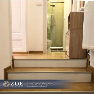 弗尔沙茨ZOE apartment的带淋浴、卫生间和门的浴室