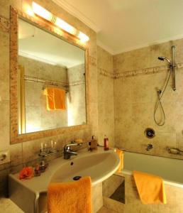 施图拜河谷新施蒂夫特Pension Almrausch的一间带水槽、镜子和淋浴的浴室