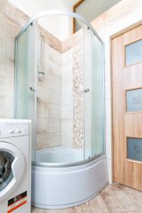 莱格尼察Avalon apart 2的带淋浴的浴室和洗衣机。