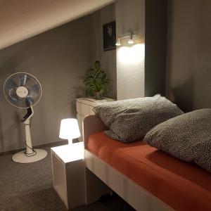 弗伦斯堡Stadtnah an der Förde 104的一间卧室配有一张带风扇和灯的床。