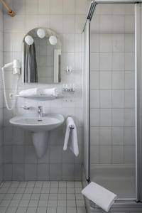 基姆湖畔普林贾尼莫维希酒店的白色的浴室设有水槽和淋浴。