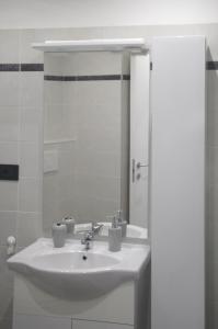 热那亚Casa San Vincenzo, un nido nel cuore di Genova.的浴室设有白色水槽和镜子
