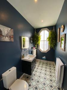 埃梅Maison Belmont Eymet的蓝色的浴室设有卫生间和水槽