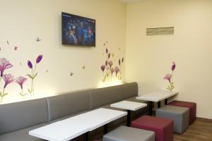 美因河畔法兰克福彩色酒店的墙上挂着长椅和鲜花的等候室