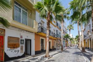 加的斯Apartamentos El BALNEARIO by Cadiz4Rentals的一条拥有棕榈树和建筑的鹅卵石街道
