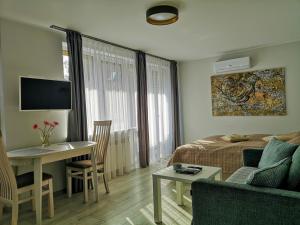 奈达Marių studija的客厅配有床、桌子和沙发