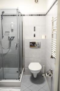 弗罗茨瓦夫省孔蒂Pokoje hotelowe Azyl的一间带卫生间和玻璃淋浴间的浴室