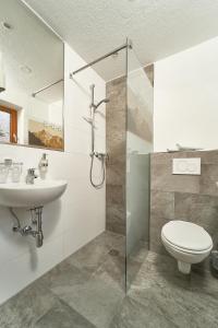 索尔登朱迪思酒店的带淋浴、卫生间和盥洗盆的浴室