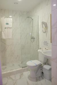 日托米尔Лісовий готель Гайки的带淋浴、卫生间和盥洗盆的浴室
