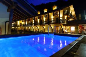 格雷索拉特里尼泰Chalet du Lys Hotel & SPA的一座游泳池,在晚上在建筑物前
