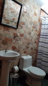 卡瓦纳科德Las Palmeras Eco Hostel的一间带卫生间、水槽和镜子的浴室
