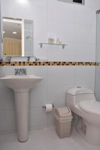 库库塔Hotel B`Quin Plaza Cúcuta的白色的浴室设有水槽和卫生间。