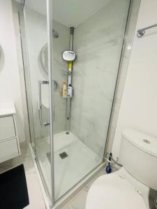 米西索加MT house的浴室里设有玻璃门淋浴
