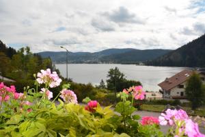 热拉梅Les Reflets du Lac的享有湖泊和粉红色花卉的美景