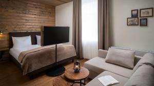 鲁贝兰德BODETALER BASECAMP LODGE - Bergsport- und Naturerlebnishotel的客厅配有床和沙发