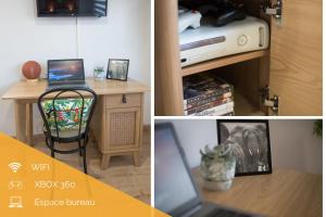 Saint-Martin-la-PlaineKASA HOME - Calme, Cosy, WIFI & Netflix的一张桌子和一台笔记本电脑的房间的照片拼凑而成