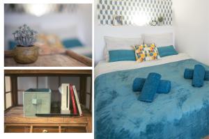 Saint-Martin-la-PlaineKASA HOME - Calme, Cosy, WIFI & Netflix的卧室两张照片,配有一张蓝色床单