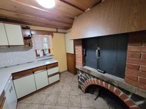 RogatecTuristična kmetija Kunstek的一间位于客房中间的厨房,厨房内配有砖砌壁炉