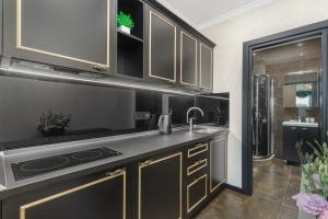 敖德萨Arcadia Plaza Apartments的厨房配有黑色和棕色橱柜和水槽
