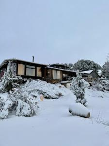 NimrodNomad Hostel的一座房子,前面有树木,被雪覆盖着