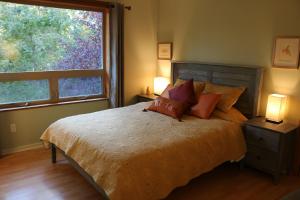 FernwoodFive Elements Lodge B&B with Outdoor Spa的一间卧室设有一张床和一个大窗户