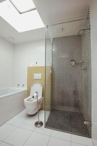 帕尔Boschenmeer House的一间带卫生间和玻璃淋浴间的浴室