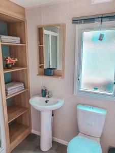 HumberstonSpacious Caravan - Thorpe Park Cleethorpes的一间带水槽和卫生间的浴室以及窗户。