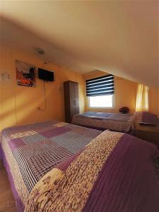 蓬塔阿雷纳斯Hostal Del Tuto的一间卧室设有两张床,墙上配有电视。