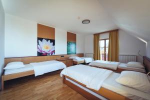 霍茨科波霍尔耶Pohorje Village Wellbeing Resort - Forest Hotel Videc的一间卧室设有四张床和大窗户