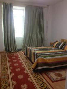 乌兰巴托阳光之路蒙古之旅旅舍的一间卧室设有两张床、一个窗户和一个地毯。