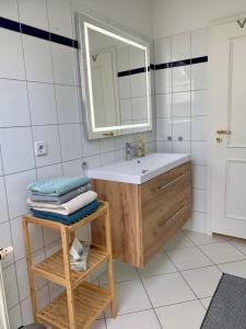 莱比锡Charmante Dachgeschoss Wohnung的一间带水槽和镜子的浴室