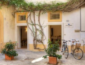 莱切Corte dei Romiti Apartment的两辆自行车停在一座植物丛生的建筑外