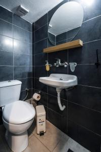 塞萨洛尼基Thessaloniki Center Apartment的一间带卫生间、水槽和镜子的浴室