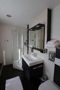 海德克塞博德斯穆旅馆的一间带水槽、淋浴和镜子的浴室
