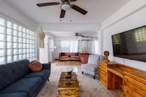 卢基约Rainforest Retreat 15 min from the beach的客厅配有蓝色的沙发和平面电视。