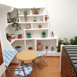 格拉茨莱马Lovely Town House Casa La Senda的一间设有桌椅和盆栽架子的房间