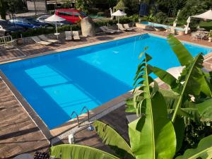 加尔达湖滨瑟格提尼公寓式酒店的一个带椅子和遮阳伞的大型蓝色游泳池