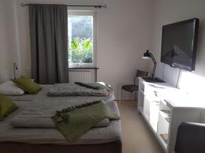 拉霍尔姆Laholms Vandrarhem的一间卧室设有两张床、一台电视和一扇窗户。