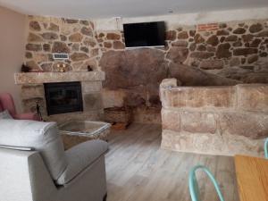 TrevejoLa Lagareta de Olivia的客厅设有石制壁炉和沙发。