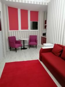 阿斯塔纳Apart Hotel Триумф Астаны 22 этаж, Секция 2的客厅配有红色家具和红色地毯。