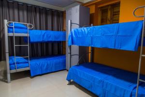 里约热内卢Carnaval Rio Hostel的客房设有2张双层床,配有蓝色床单