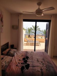 莫哈卡尔Apartment Mojácar - Big terrace的一间卧室设有一张床,享有海景