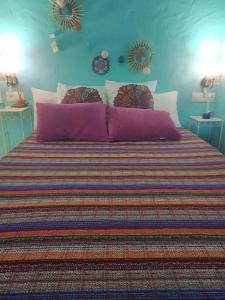 康塞普西翁新镇Casa rural La Pradera的一间卧室配有一张带紫色枕头的大床