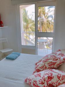 圣安德烈斯Sitio exclusivo y tranquilo的一间卧室设有一张床,享有棕榈树的景色