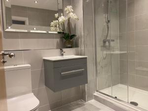 卡迪夫Exclusive Cardiff City Centre Apartment的带淋浴、卫生间和盥洗盆的浴室