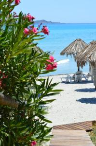 维拉西米乌斯腓尼基公寓式酒店的海滩上设有遮阳伞和椅子,还有大海